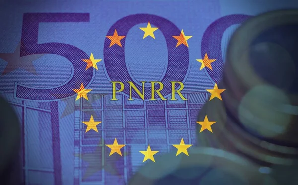 Европейский Флаг Знаком Pnrr Банкнотами Евро Качестве Фона Концепция Европейской — стоковое фото