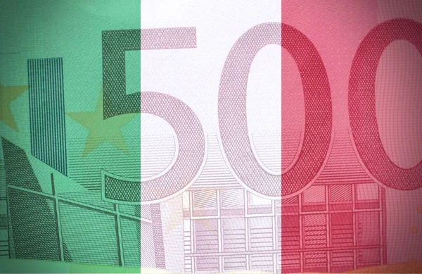 500ユーロ紙幣のマクロを持つイタリアの国旗 イタリア経済の概念 — ストック写真