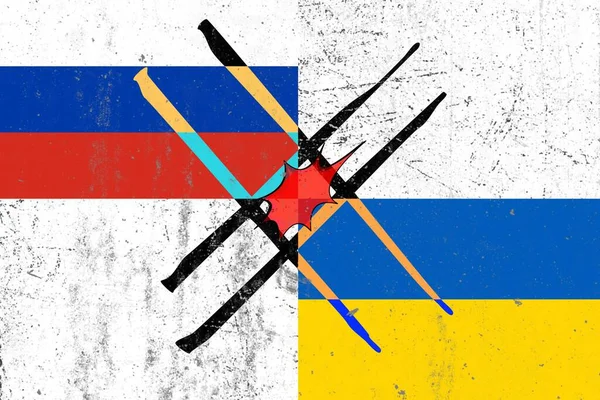 Прапор України Російський Прапор Вогнем Всередині Концепції Війни — стокове фото