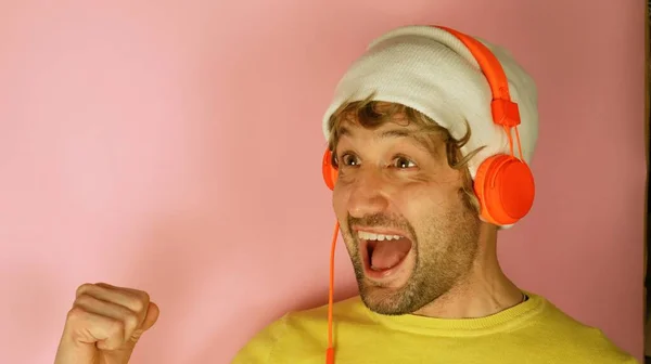 Young Man Wear Yellow Shirt Headphones Listen Music Sing Song — Stock Photo, Image