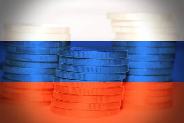 Russische Vlag Met Tekst Sancties Munten Als Achtergrond — Stockfoto
