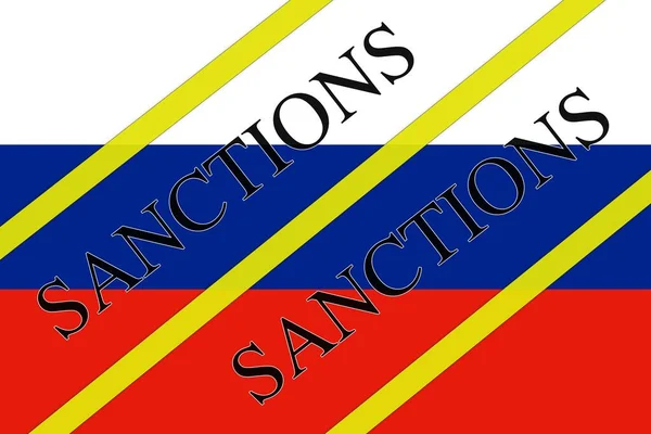 Флаг России Текстом Санкции Монетами Качестве Фона — стоковое фото