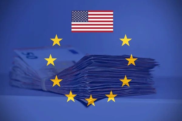 Pile Fifty Euros Table European Flag American Flag Concept Financial — стоковое фото