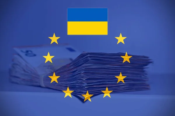 Pile Fifty Euros Table European Flag Ukrainian Flag Concept Financial — стоковое фото