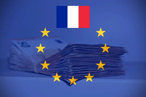 Pile Fifty Euros Table European Flag French Flag Concept Financial — стоковое фото