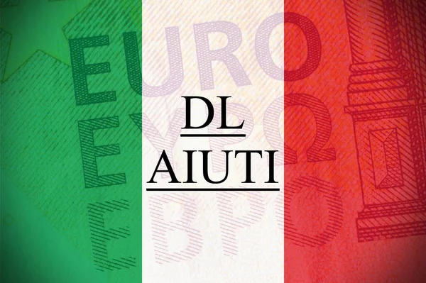 Итальянский Флаг Макросом Банкнот Евро Качестве Фона Текстом Aiuti Понятие — стоковое фото