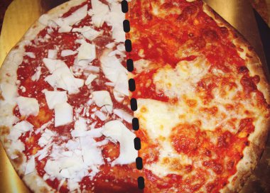 Pizza yarı donmuş, yarı pişmiş, fast food konsepti..