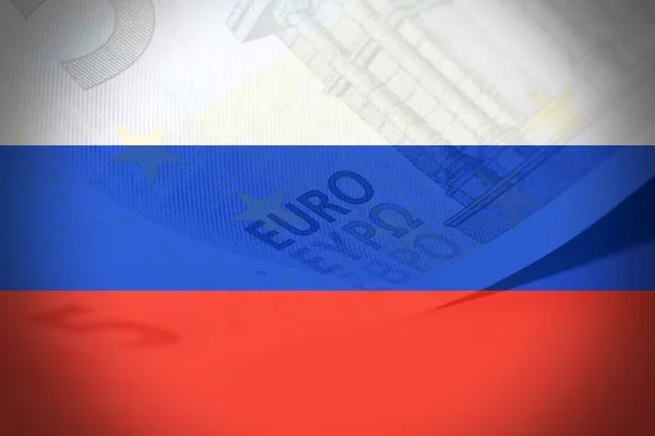 Russische Vlag Met Het Europese Bankbiljet Als Achtergrond — Stockfoto