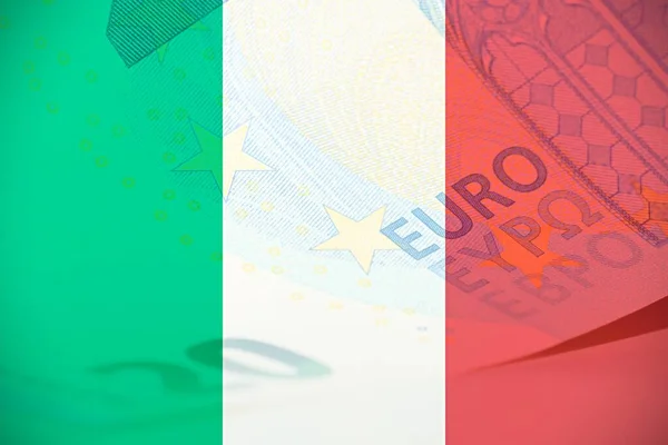 Bandeira Italiana Com Macro Uma Nota Europeia Como Fundo — Fotografia de Stock