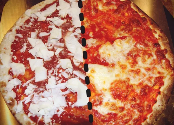 Pizza yarı donmuş, yarı pişmiş, fast food konsepti..