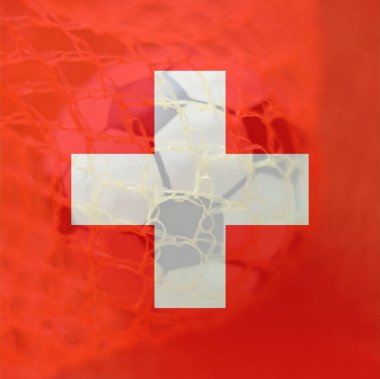 Arka plan, spor ve başarı konsepti olarak kalede futbol topu bulunan İsviçre bayrağı.