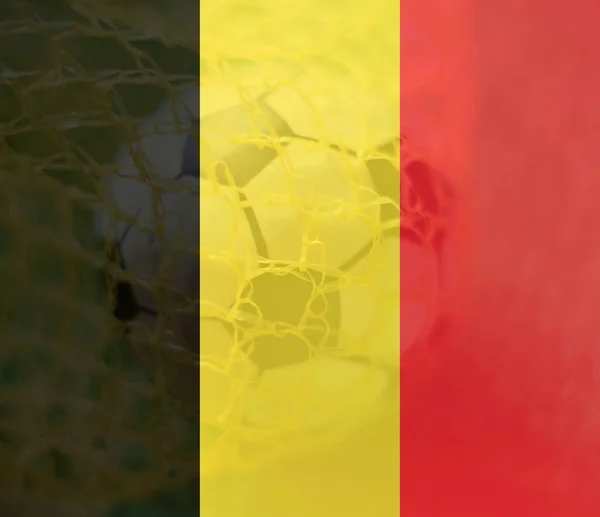 Σημαία Βελγίου Μπάλα Ποδοσφαίρου Στο Στόχο Φόντο Τον Αθλητισμό Και — Φωτογραφία Αρχείου