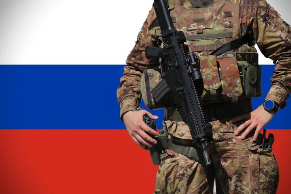 Російський Прапор Солдатом Тло Концепція Армії — стокове фото