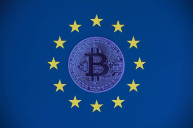 European flag with Bitcoin in the center .