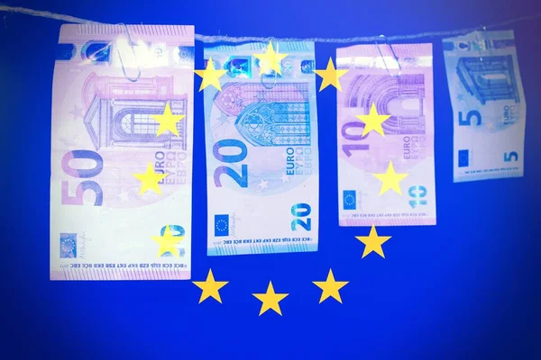 European Banknotes Hanging Rope European Flag Background — 스톡 사진