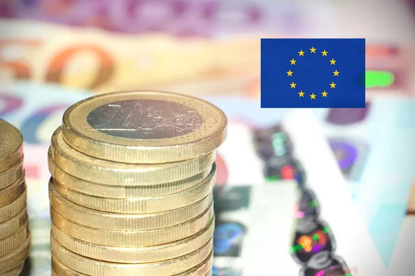 Euros Banknotes Coins European Flag — стоковое фото