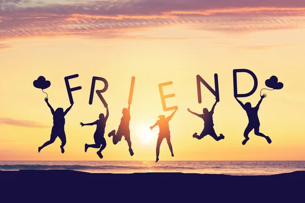 Silhouette Friends Jumping Holding Summer Words Sunset Sky Abstract Background — Stock Photo, Image