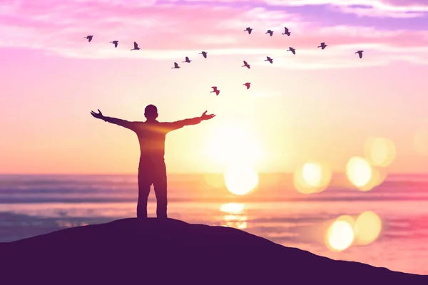 抽象的な背景を飛んで鳥とビーチや島で日没の空に手を上げる人のコピースペース 自由と旅行の冒険の概念 ヴィンテージトーンフィルターカラースタイル — ストック写真