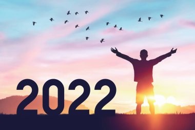 İnsanlar günbatımı gökyüzünde dağın tepesinde uçan kuşlar ve 2022 soyut arkaplan gibi sayılarla el kaldırıyorlar. Mutlu yıllar ve tatil konsepti. Klasik ton filtre efekti renk biçimi.