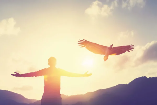 Man Raise Hand Top Mountain Sunset Sky Eagle Birds Fly — Stock Photo, Image