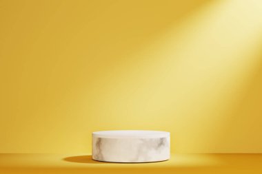 Beyaz 3D podyum sarı soyut arkaplanda boş. Ürün sunumu. Grafik tasarımı oluşturucu.