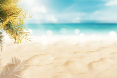 Bulanık, yeşil palmiye yaprağı tropikal plajda, Bokeh güneş ışığı dalgası soyut arka planda. Yaz tatili ve iş seyahati konseptini kopyala. Klasik ton filtre efekti renk biçimi