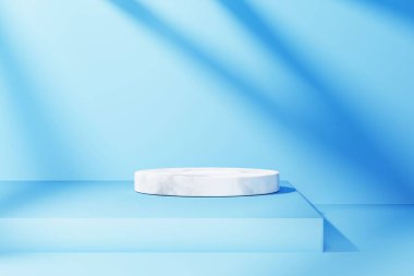 Mavi soyut arka planda pencere gölgesi olan beyaz 3D podyum. Ürün sunumunu kopyala. Grafik tasarımı oluşturucu.