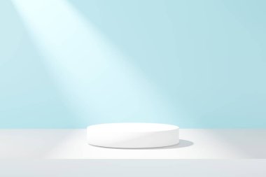 Mavi soyut arkaplanda podyum. 3B render grafik tasarımı.
