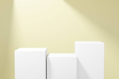 Sarı soyut arkaplanda beyaz podyum. 3B render grafik tasarımı.