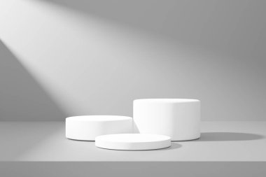 Gri soyut arkaplanda beyaz podyum. 3B render grafik tasarımı.