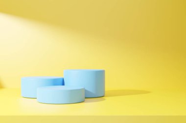 Sarı soyut arkaplanda mavi podyum. 3B render grafik tasarımı.