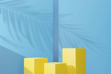 Mavi soyut arka planda sarı podyum ve palmiye yaprağı gölgesi. 3B render grafik tasarımı.