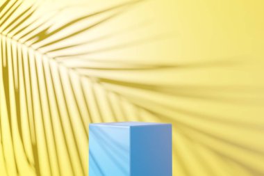 Sarı soyut arkaplanda mavi podyum ve palmiye yaprağı gölgesi. 3B render grafik tasarımı.