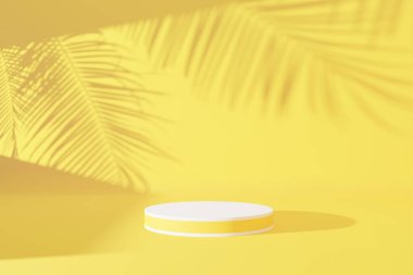 Sarı duvar arkaplanındaki podyum ve palmiye yaprağı gölgesi. Ürün sunumu ve tropikal yaz konseptinin kopyalama alanı. 3B render grafik tasarımı.