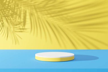 Podyum ve palmiye yaprağı sarısı, mavi duvar soyut arkaplanı. Ürün sunumu ve tropikal yaz konseptinin kopyalama alanı. 3B render grafik tasarımı.