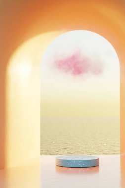 Ürün sunumu için kopyalama alanı olan 3d podyum. Tropik yaz ve tatil konsepti. Grafik sanat tasarımı.