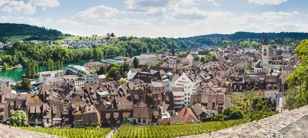 Panoramic view of Swiss town Schaffhausen. River Rhine. — Stock Photo, Image