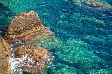 kayalık Sahil temiz mavi transparan su ile. Portofino İtalya