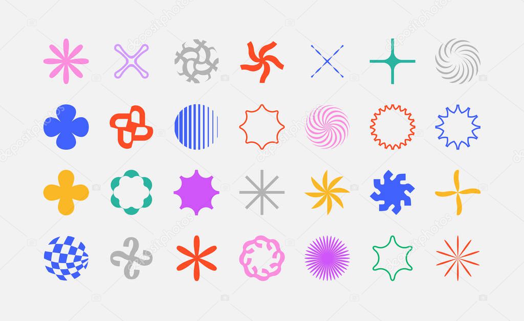 Set of simple abstract vector objects of flowers and stars.