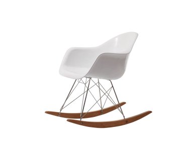 Tahta bacaklı, modern beyaz plastik sallanan sandalye.
