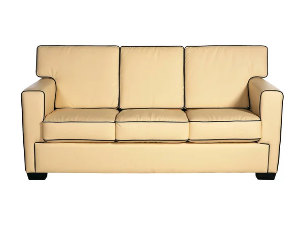 Beyaz arka planda izole edilmiş şık bej deri kanepe.