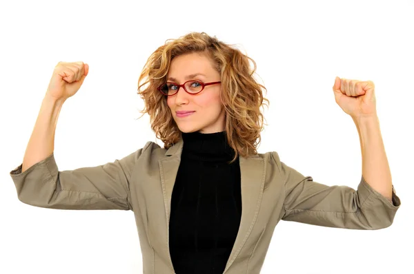 Successful young business woman rising hands — Stock Photo, Image