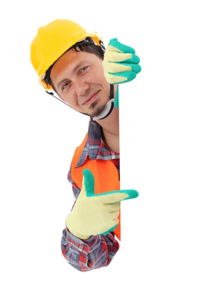 Carpenter showing blank sign — Stock Photo, Image