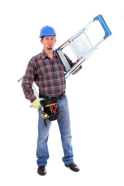 Carpenter with ladder on white — Stock Photo, Image