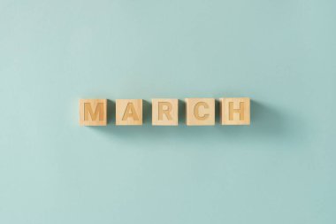 Yılın ayları mavi arka planda tahta küplere yazılmış.