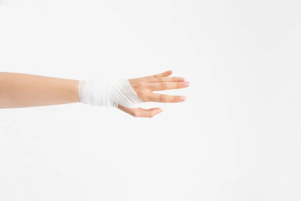 Young Woman Gauze Bandage Wrapped Her Injured Hand — Foto Stock