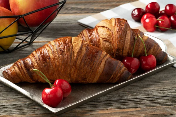 Freshly Baked French Croissant Expossed Decorative Platter Cherry Side — Φωτογραφία Αρχείου