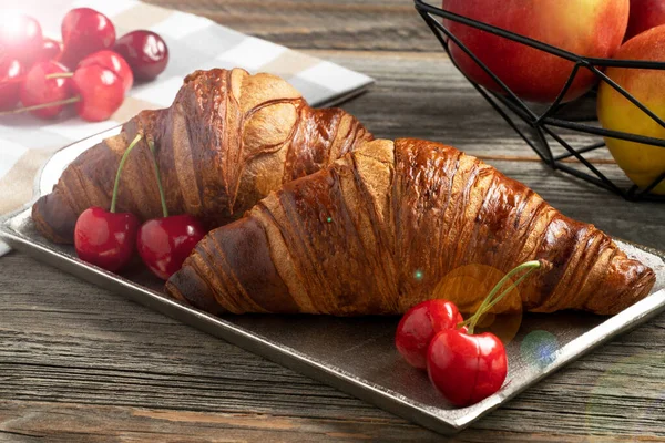 Freshly Baked French Croissant Expossed Decorative Platter Cherry Side — 图库照片