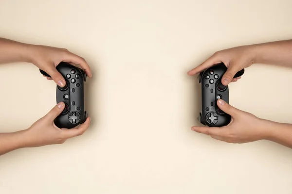Two Persons Compete Video Game Gamepads — Stockfoto