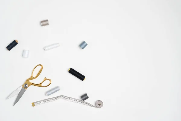 Sewing Accesories Scattered All White Background — Fotografia de Stock